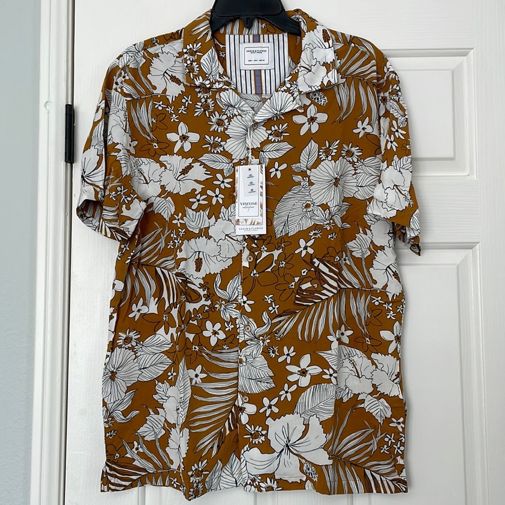 Denim & Flower Button Up Shirt, 100% Viscose, Size L